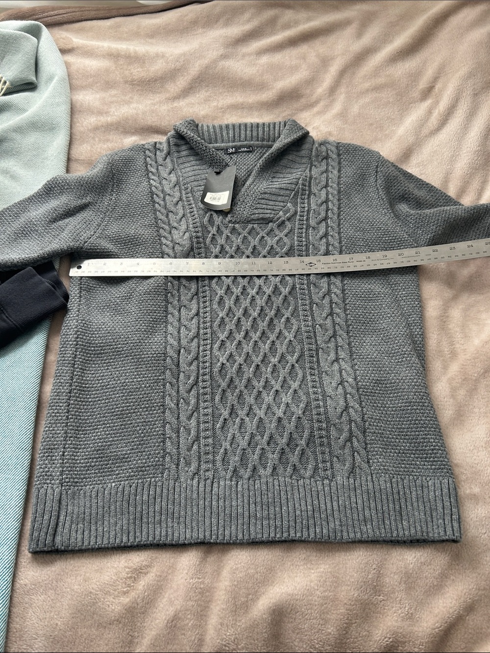 SMF - Shawl Collar Pullover Cable Knit Sweater, Men's XL, Gray, NWT - Picture 7 of 8